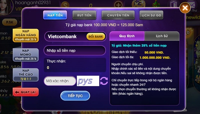 Đa dạng kênh thanh toán, nạp/rút tiền trực tuyến 24/7