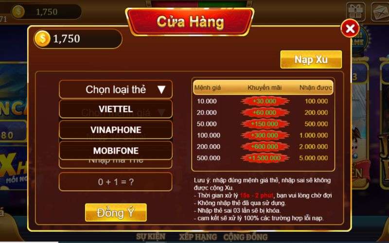 Phương thức nạp phổ biến nhất là nạp xu từ thẻ cào