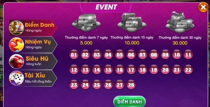 Sự kiện điểm danh nhận thưởng được yêu thích tại cổng game